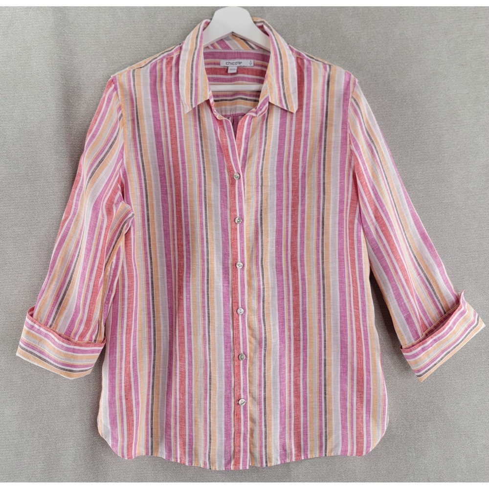 Chicos 100% Linen Top 3/4 Sleeve Button Up Womens 12 / 2 Rainbow Stripe Coastal